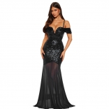 Black Off Shoulder Strapless V Neck Sequins Mesh Elegant Wedding Prom Dress