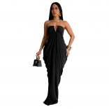 Black Off Shoulder V Neck Loose Pleated Women Fashion Party Gowns Maxi Dress