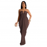 Coffee Off Shoulder V Neck Loose Pleated Women Fashion Party Gowns Maxi Dress