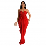 Red Off Shoulder V Neck Loose Pleated Women Fashion Party Gowns Maxi Dress