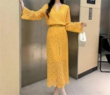 Yellow Lace Hollow Out Two Pieces Long Sleeve Tops Bodycon Casual Midi Skirt Dress Sets
