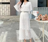 White Lace Hollow Out Two Pieces Long Sleeve Tops Bodycon Casual Midi Skirt Dress Sets