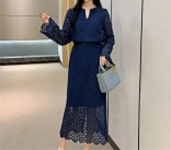 Royal Blue Lace Hollow Out Two Pieces Long Sleeve Tops Bodycon Casual Midi Skirt Dress Sets