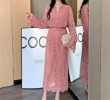 Pink Lace Hollow Out Two Pieces Long Sleeve Tops Bodycon Casual Midi Skirt Dress Sets