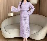 Purple Lace Hollow Out Two Pieces Long Sleeve Tops Bodycon Casual Midi Skirt Dress Sets
