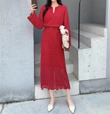 Red Lace Hollow Out Two Pieces Long Sleeve Tops Bodycon Casual Midi Skirt Dress Sets