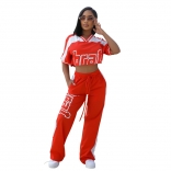 Red Short Sleeve Crop Tops Fashion Casual Women Straight Leg Trousers