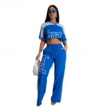 Blue Short Sleeve Crop Tops Fashion Casual Women Straight Leg Trousers