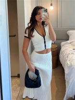 White Two Pieces Button Crop Tops Pleated Women Casual Office Skirt Suit Sets Dress