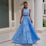 Blue Sleeveless Embroidered Crop Top Two Pieces Hollow Out Casual Prom Maxi Skirt Sets