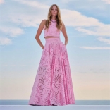 Pink Sleeveless Embroidered Crop Top Two Pieces Hollow Out Casual Prom Maxi Skirt Sets