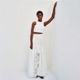 White Sleeveless Embroidered Crop Top Two Pieces Hollow Out Casual Prom Maxi Skirt Sets