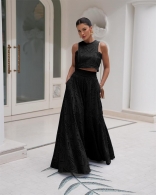 Black Sleeveless Embroidered Crop Top Two Pieces Hollow Out Casual Prom Maxi Skirt Sets