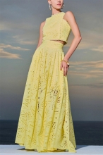 Yellow Sleeveless Embroidered Crop Top Two Pieces Hollow Out Casual Prom Maxi Skirt Sets