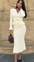 White Long Sleeve Pleated Button Ruffles Top Bodycon Women Skirt Dress Sets