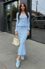 Light Blue Long Sleeve Pleated Button Ruffles Top Bodycon Women Skirt Dress Sets