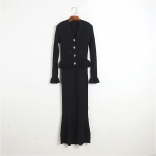 Black Long Sleeve Pleated Button Ruffles Top Bodycon Women Skirt Dress Sets