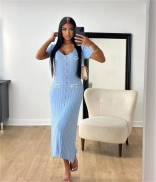 Sky Blue Short Sleeve Deep V Neck Buttons Striped Pleated Women Casual Midi Dress