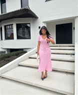 Pink Short Sleeve Deep V Neck Buttons Striped Pleated Women Casual Midi Dress