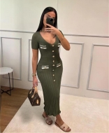 Green Short Sleeve Deep V Neck Buttons Striped Pleated Women Casual Midi Dress