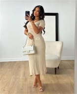 Beige Short Sleeve Deep V Neck Buttons Striped Pleated Women Casual Midi Dress