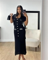 Black Short Sleeve Deep V Neck Buttons Striped Pleated Women Casual Midi Dress