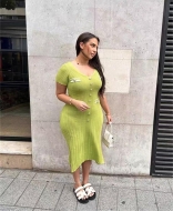 Mint Short Sleeve Deep V Neck Buttons Striped Pleated Women Casual Midi Dress