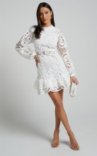 White Long Sleeve Lace Hollow Out Embroidery A-Line Ruffles Skirt Dress