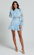 Sky Blue Long Sleeve Lace Hollow Out Embroidery A-Line Ruffles Skirt Dress