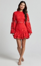 Red Long Sleeve Lace Hollow Out Embroidery A-Line Ruffles Skirt Dress