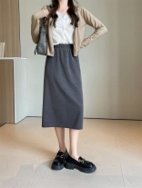 Gray Women's Knitted Fashion Striped A-line Midi Skirt