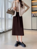 Coffee Women's Knitted Fashion Striped A-line Midi Skirt