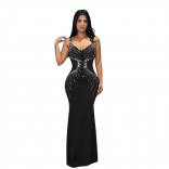 Black Strapless V Neck Diamonds Elegant Women Prom Evening Party Formal Maxi Dress