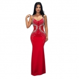 Red Strapless V Neck Diamonds Elegant Women Prom Evening Party Formal Maxi Dress