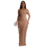 Beige Off Shoulder Mesh Ruffles Bodycon Slit Evening Elegant Long Dress