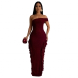 Claret Off Shoulder Mesh Ruffles Bodycon Slit Evening Elegant Long Dress