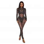 Black Mesh See Throug Long Sleeve Diamonds Bodycon Party Sexy Jumpsuit