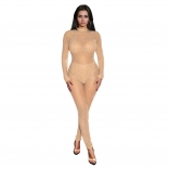 Beige Mesh See Throug Long Sleeve Diamonds Bodycon Party Sexy Jumpsuit