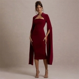 Wine Red Long Slit Streamers Sleeve Boat Neck Elegant Women Prom Party Midi Dress
