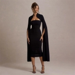 Black Long Slit Streamers Sleeve Boat Neck Elegant Women Prom Party Midi Dress