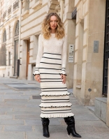 White Long Sleeve Knitted Striped Hollow Out Ruffles Women Fashion Dress