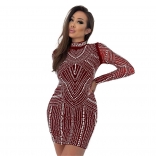 Black Long Sleeve Elegant Diamonds Pearls Bodycon Club Mini Dress