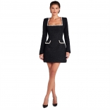 Black Long Sleeve Boat Neck Diamonds Minimalist Chic Fashion Mini Dress