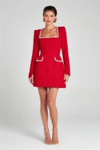 Red Long Sleeve Boat Neck Diamonds Minimalist Chic Fashion Mini Dress
