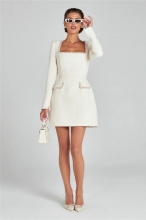 White Long Sleeve Boat Neck Diamonds Minimalist Chic Fashion Mini Dress