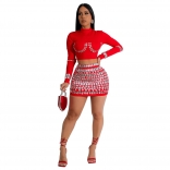 Red Long Sleeve Long Sleeve Diamonds Two Pieces Skirt Dress