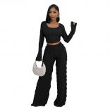 Black Long Sleeve Two Pieces Pants Knitted Fashion Women Casual Sets Dress