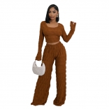 Brown Long Sleeve Two Pieces Pants Knitted Fashion Women Casual Sets Dress