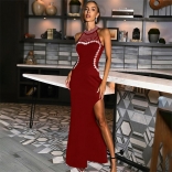 Red Sleeveless Diamonds Pearls Elegant High Slit Maxi Dress