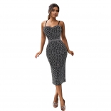 Black Straps Low Cut Diamonds Bodycon Elegant Midi Dress